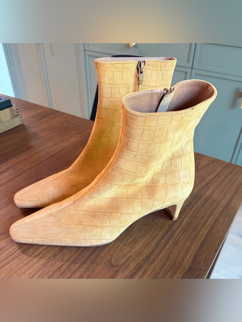 STAUD Tan Croc-Embossed Suede Ankle Wally Boots - Picture 5 of 12